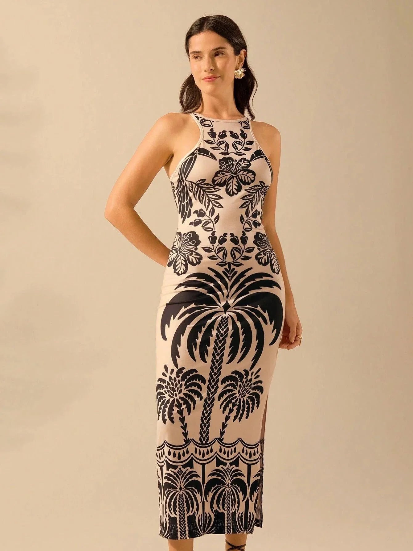 Vestido Midi Boêmio Tropical Ajustado