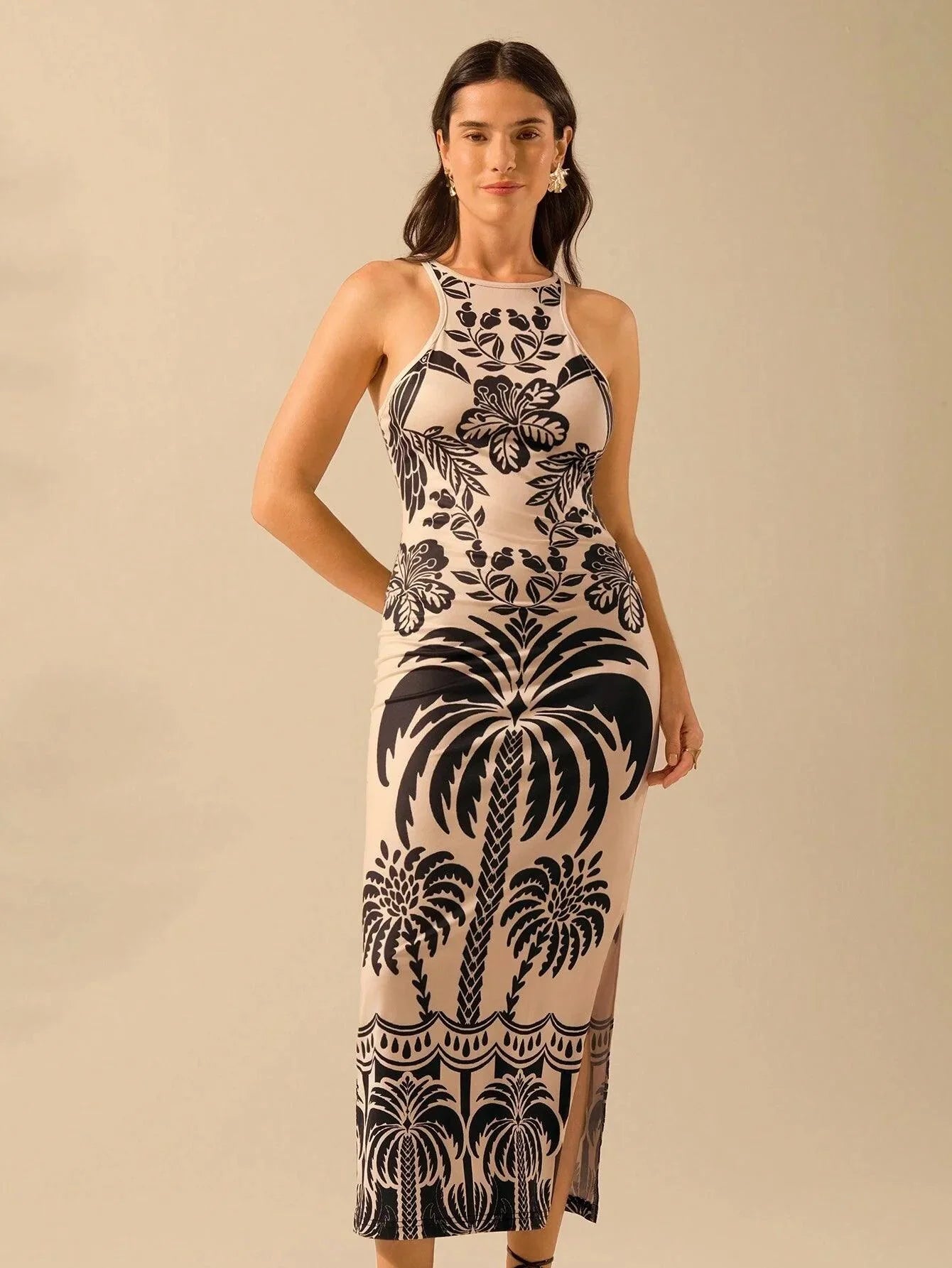 Vestido Midi Boêmio Tropical Ajustado