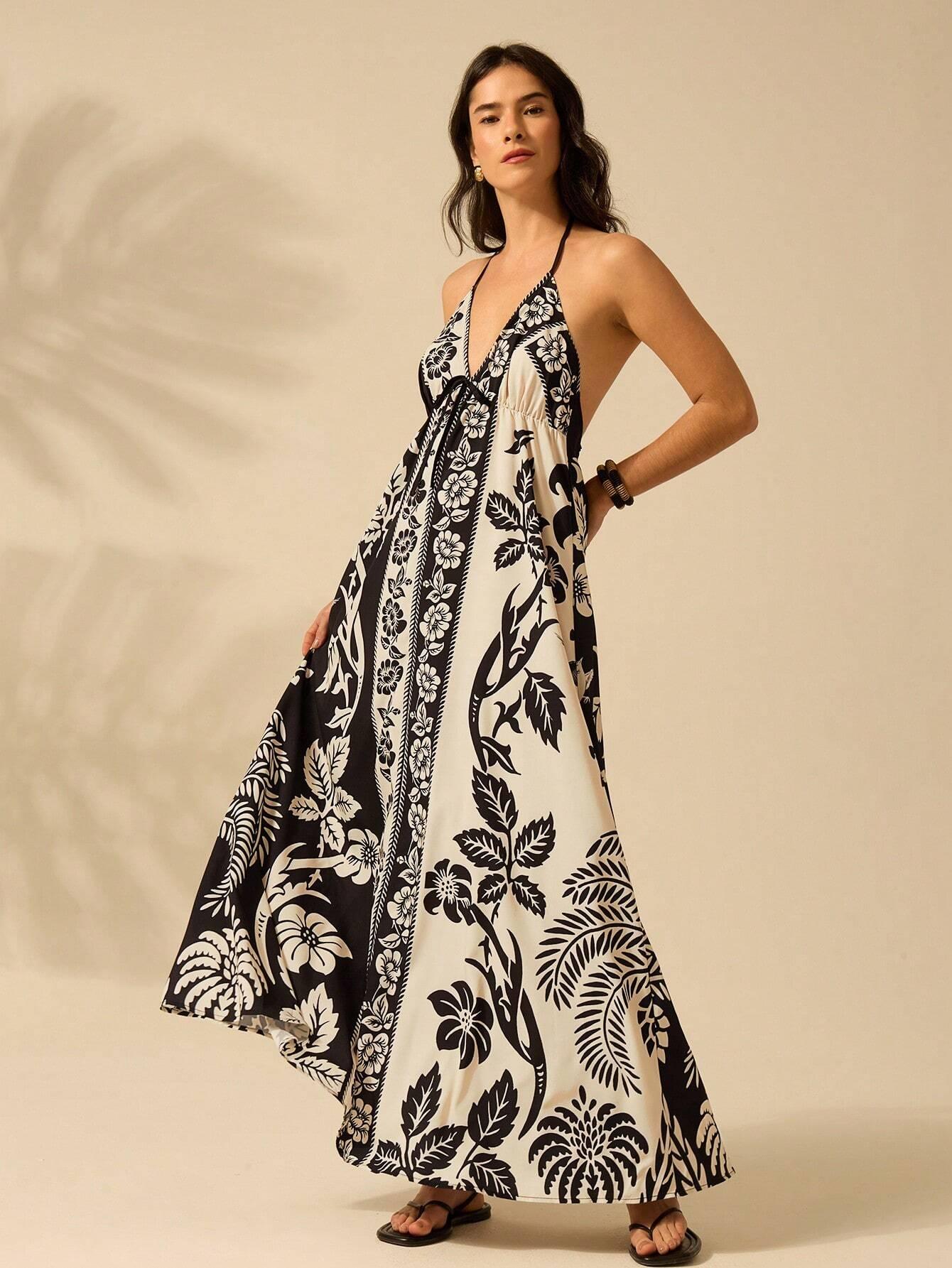 Vestido Longo Casual Tropical Frente-Única