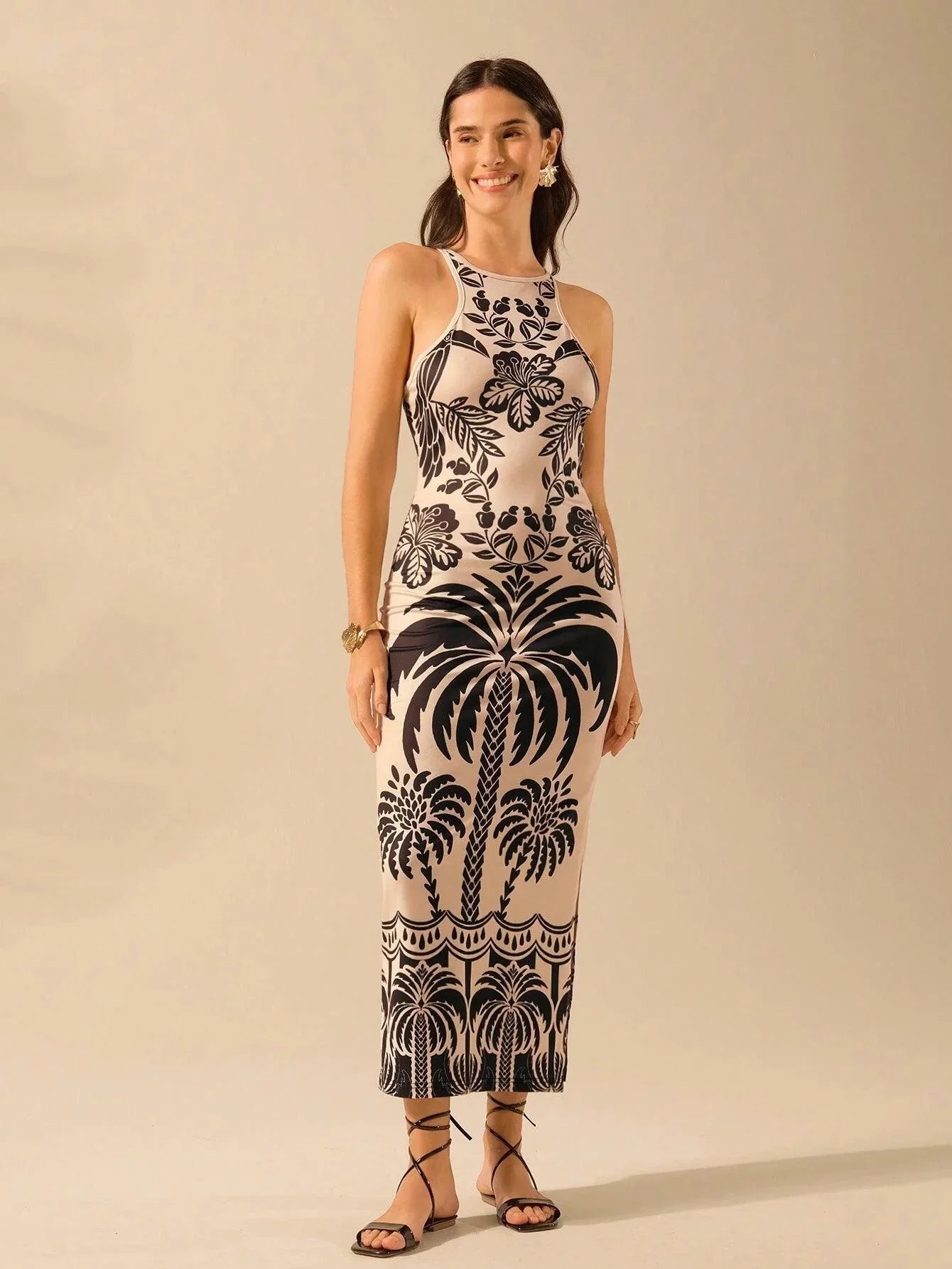 Vestido Midi Boêmio Tropical Ajustado