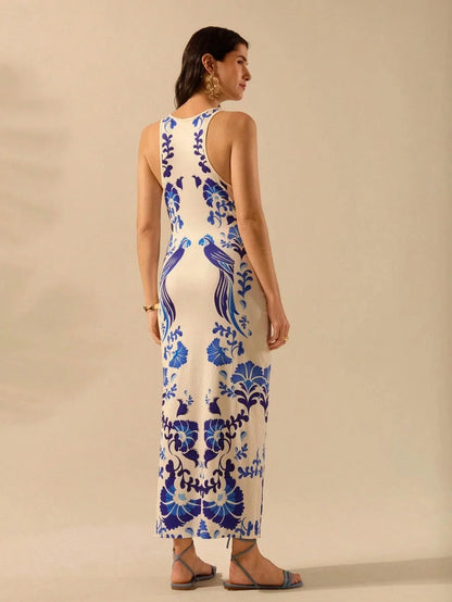 Vestido Midi Estampado Azul Boêmio