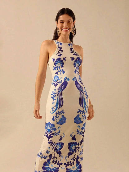 Vestido Midi Estampado Azul Boêmio