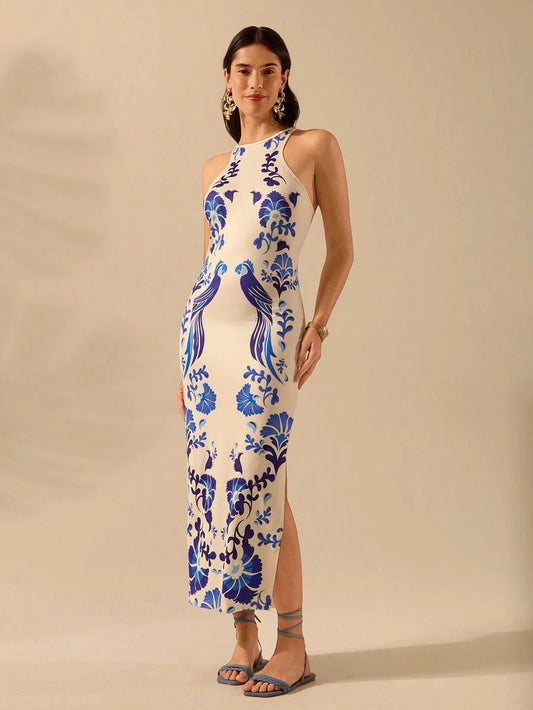 Vestido Midi Estampado Azul Boêmio