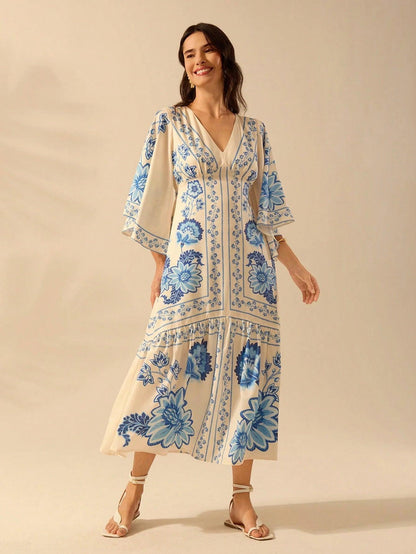 Vestido Midi Casual com Decote em V