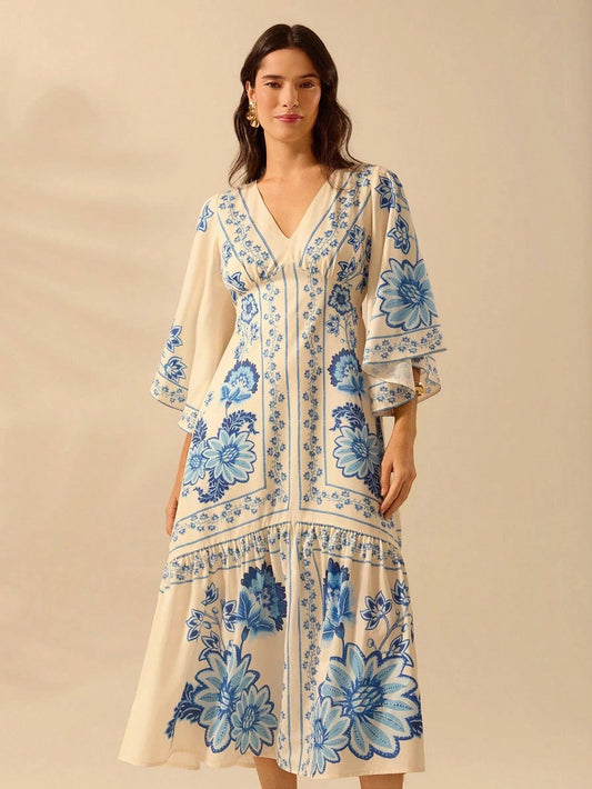 Vestido Midi Casual com Decote em V