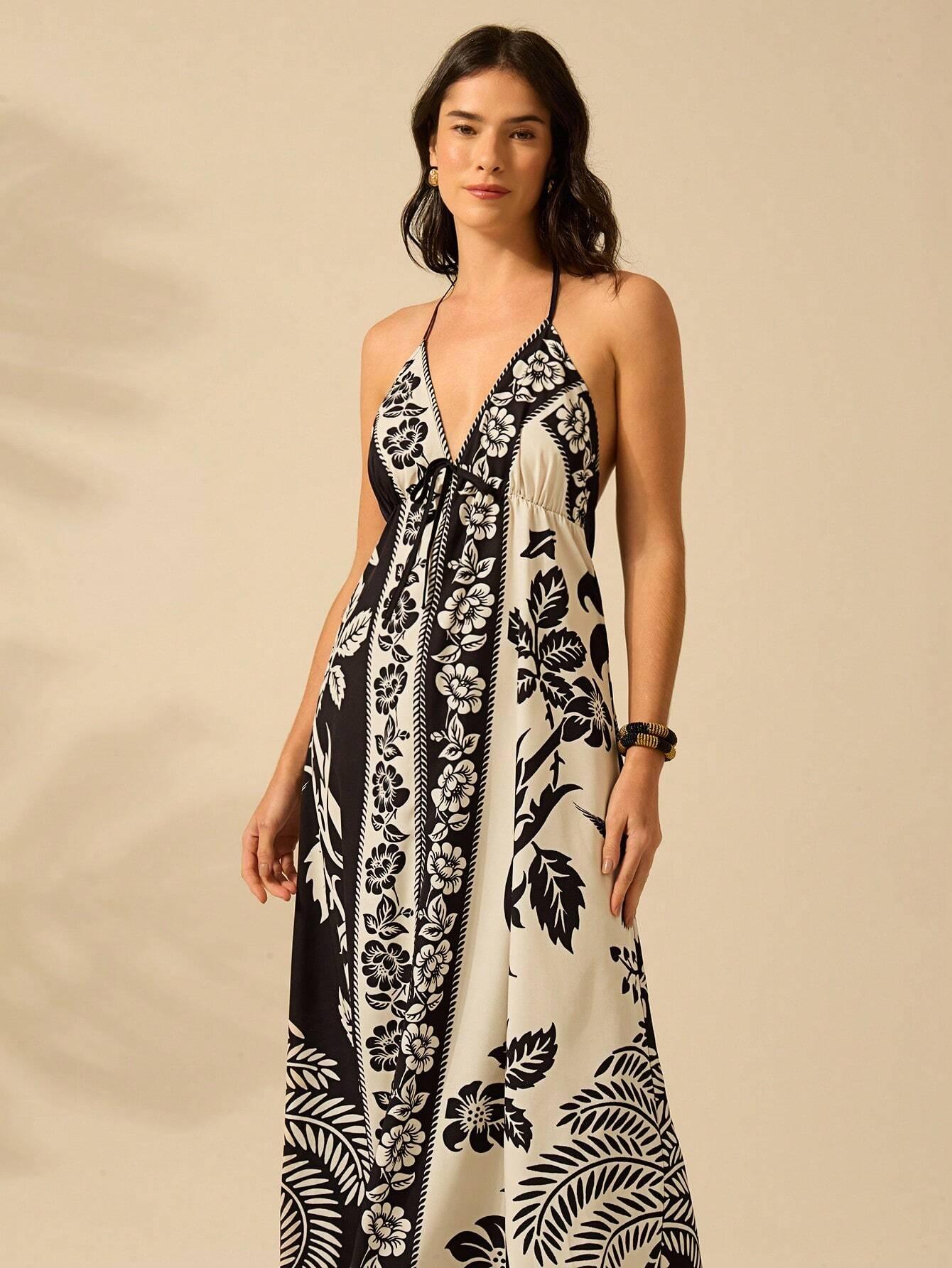 Vestido Longo Casual Tropical Frente-Única